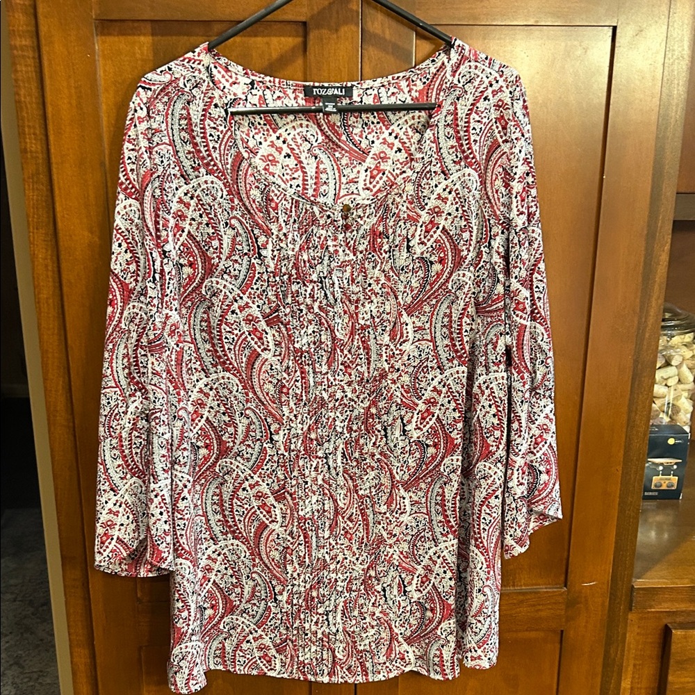 Roz & Ali Red and White Paisley Blouse